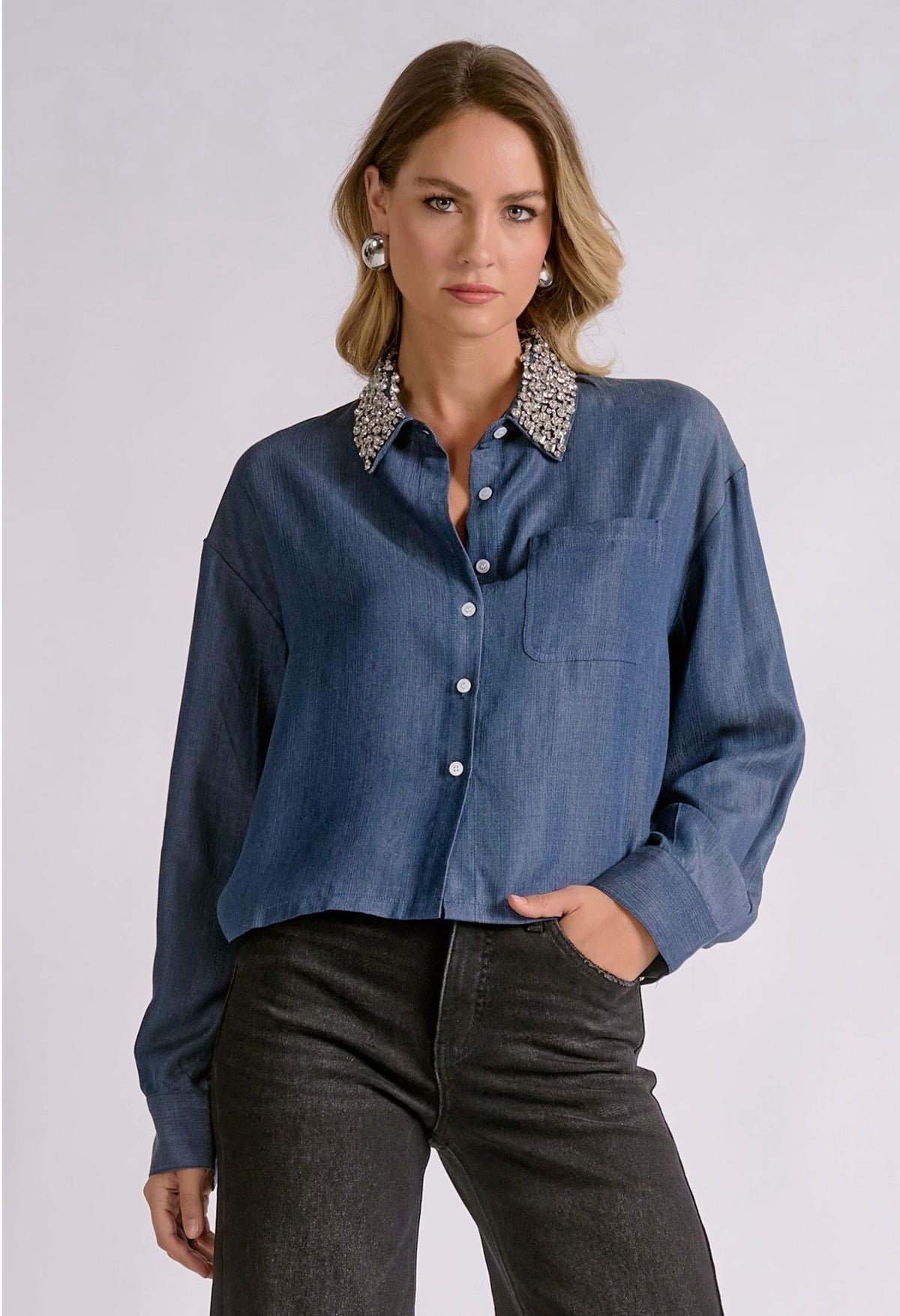 Embellished Collar Denim Shirt