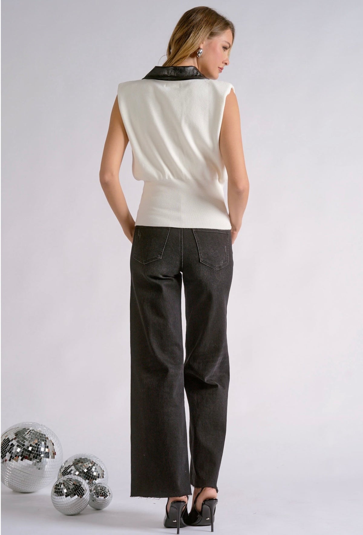 Leather-Trim Knit Top