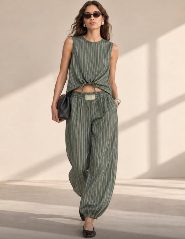 Conjunto rayas verdes sin manga