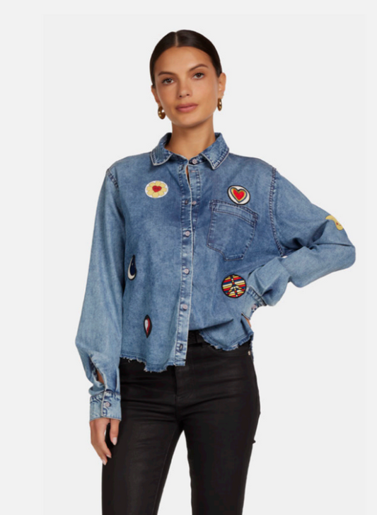 CROP BUTTON UP SHIRT HIPPIE PATCHES