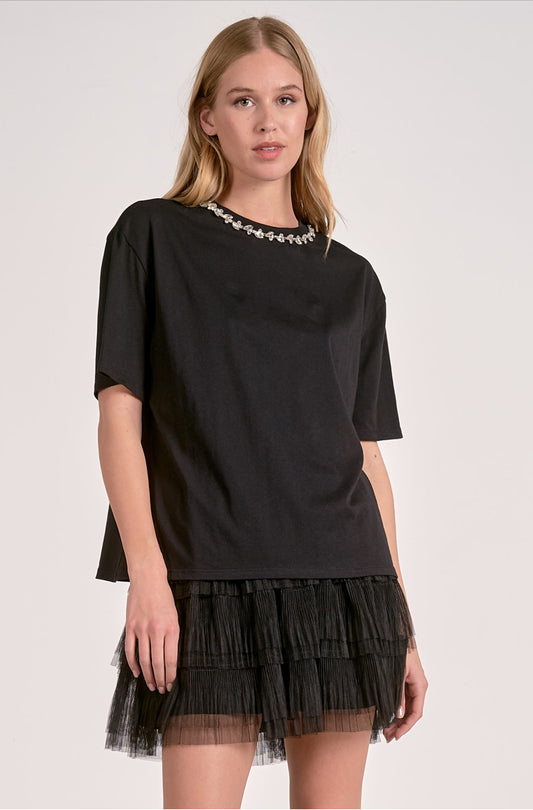 TOP TEE NECK EMBELLISH BLACK