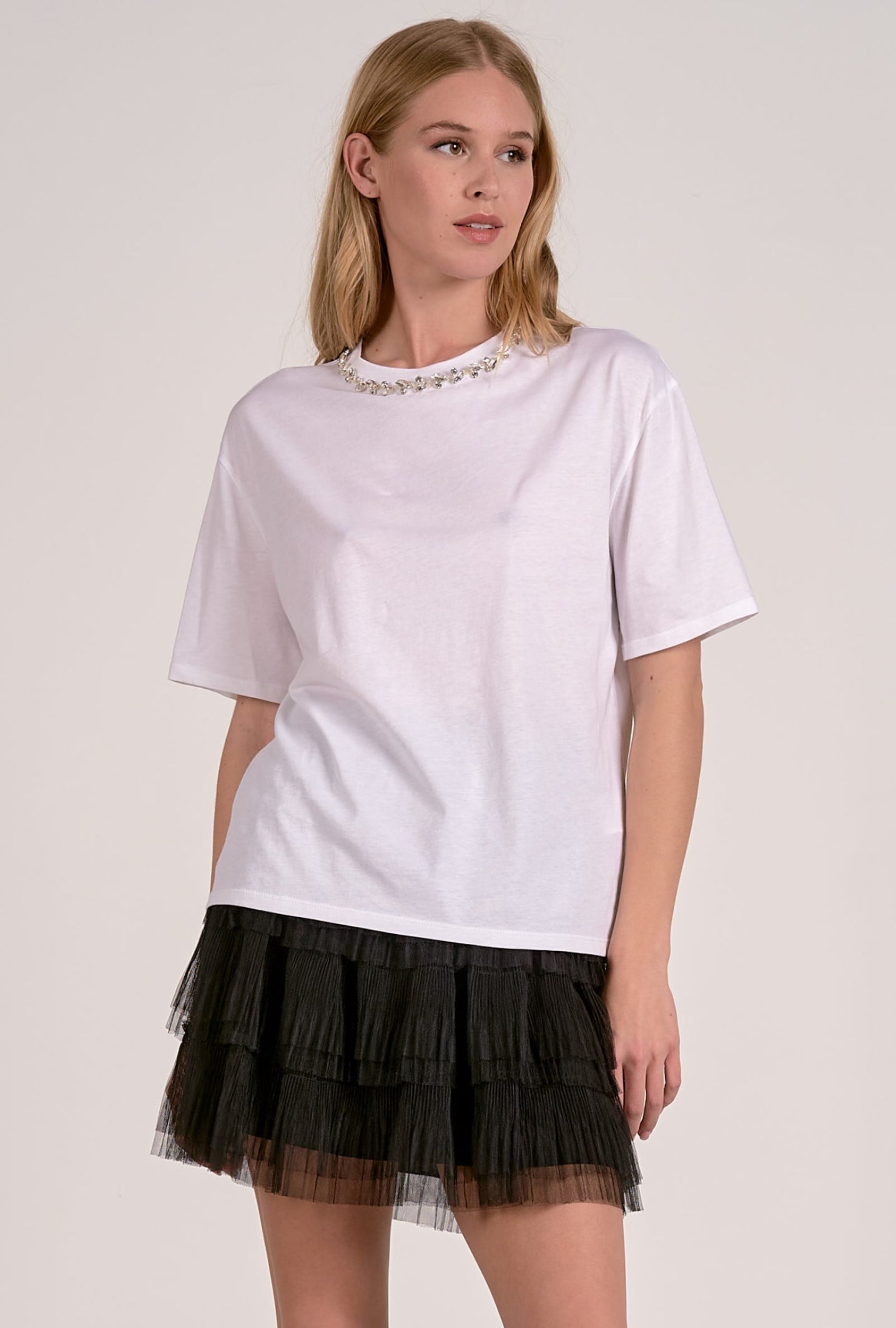 TOP TEE NECK EMBELLISH WHITE