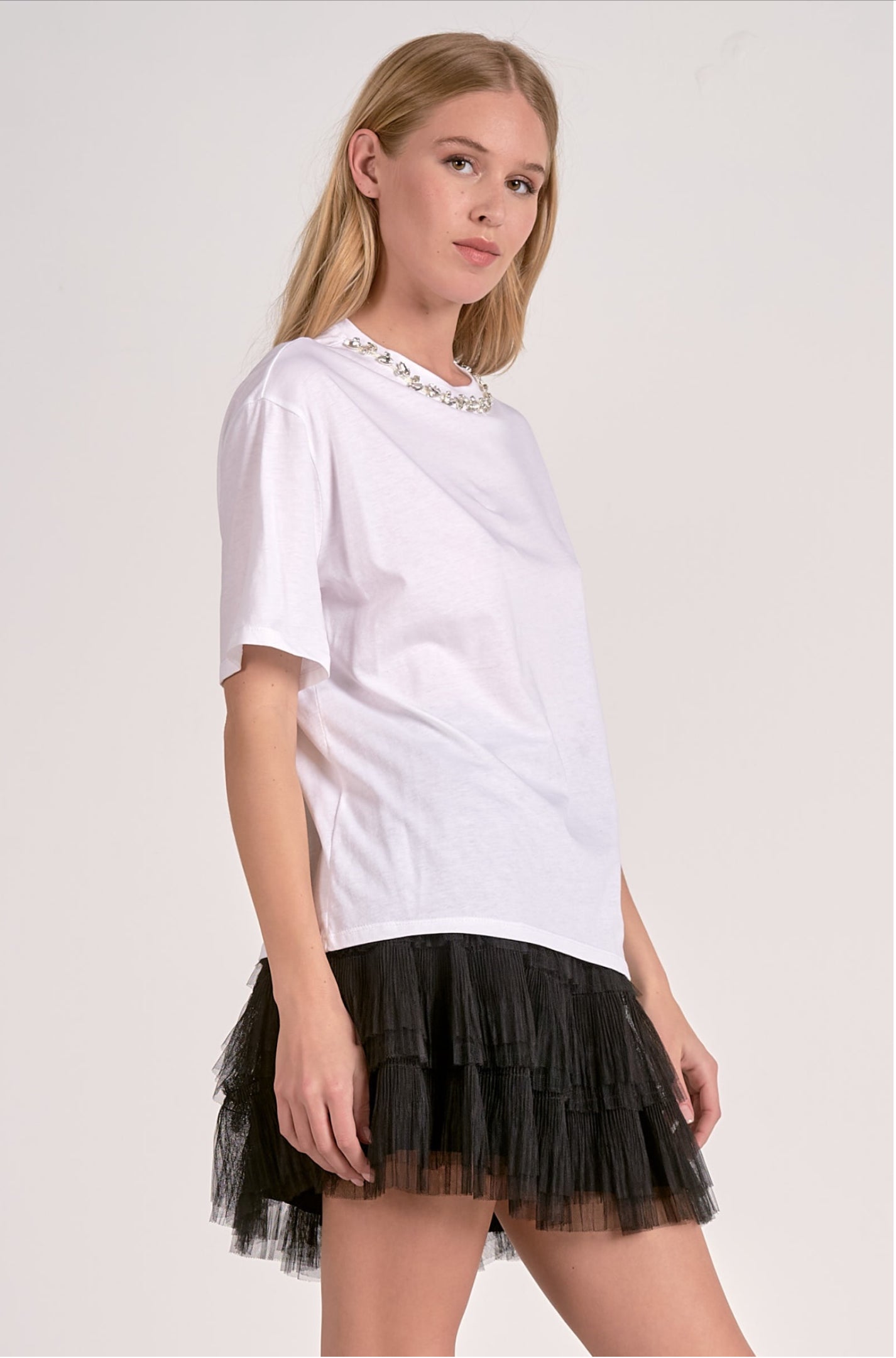 TOP TEE NECK EMBELLISH WHITE